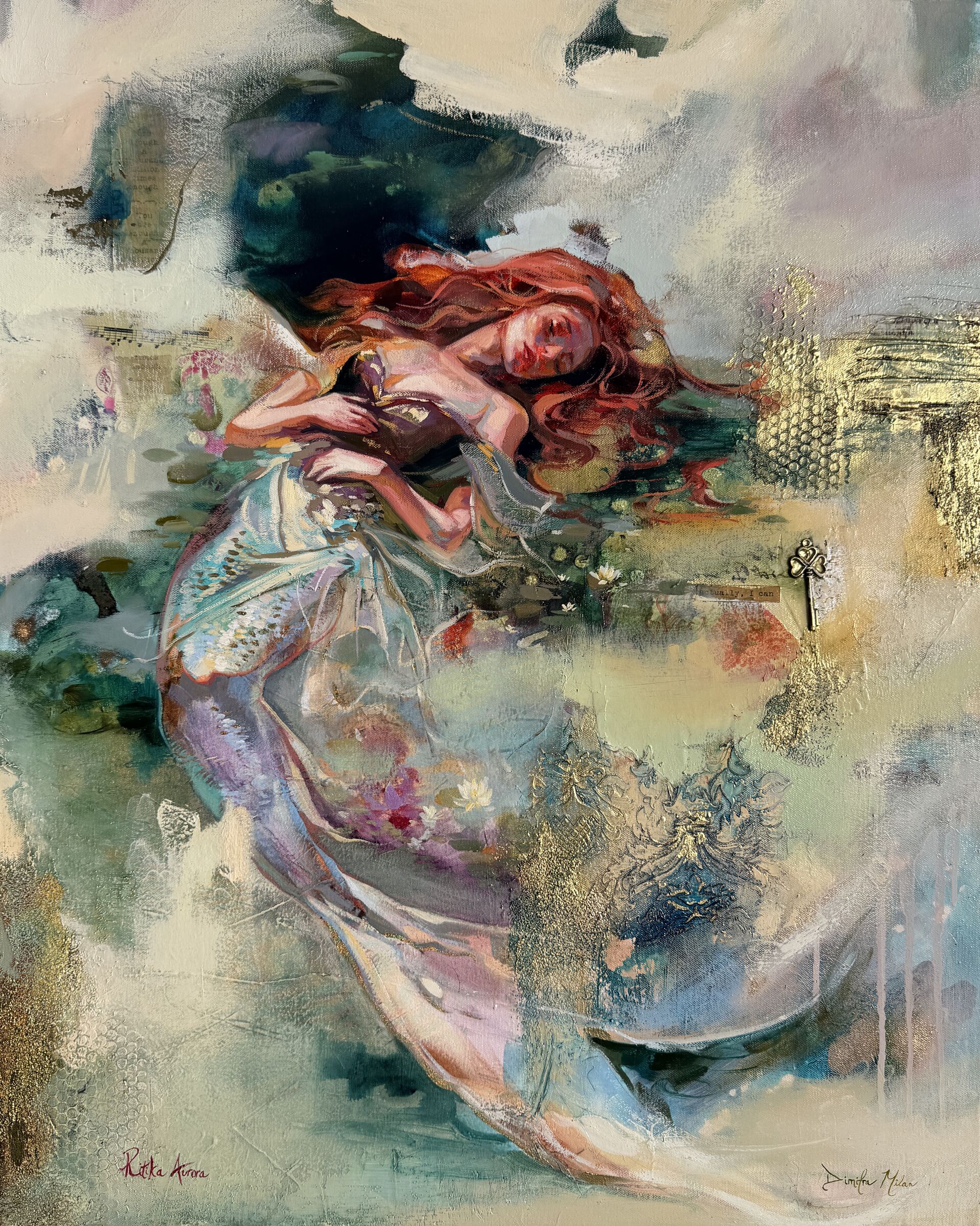 Mermaid swimming through luminous underwater light — original oil painting